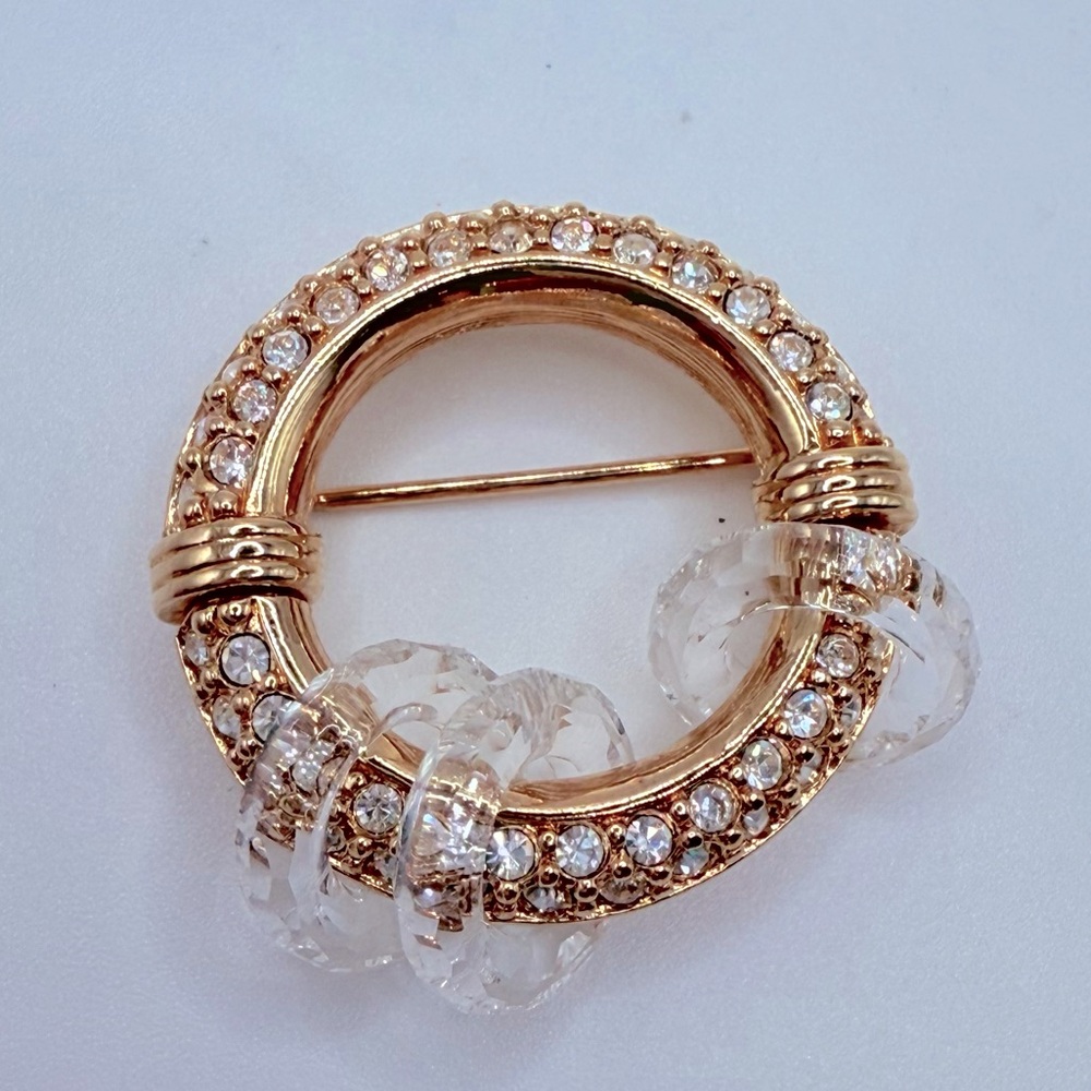 Swarovski Pave Crystal Circle Shape Brooch with 3 Dangling Crystals 1.25 in
